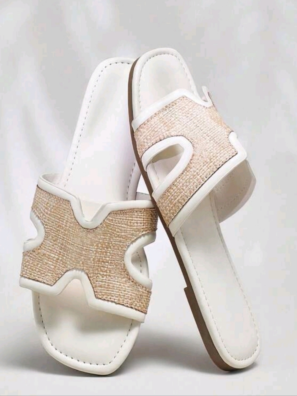 Cream PU Leather & Tan Raffia Women's Sandals Slides